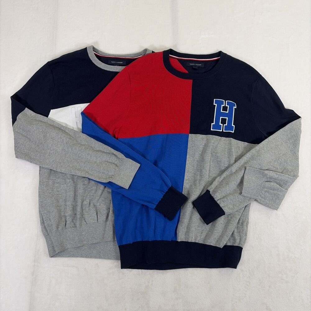 2) Tommy Hilfiger Mens Pullover Spellout Sweaters Large Navy Red Grey Charity